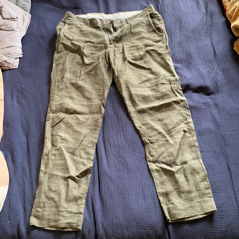 Olive Green J Crew Bowery Slim Linen Pant 32x30